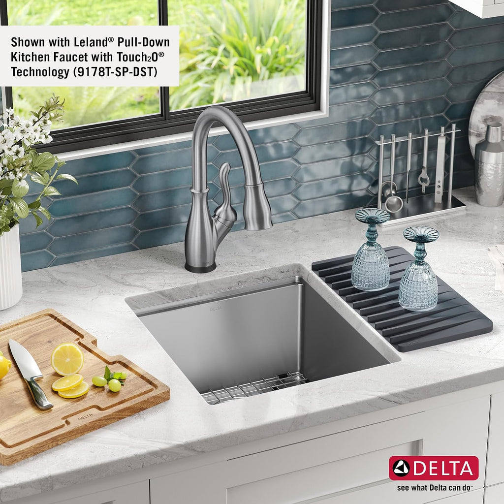 DELTA FAUCET Lorelai 17-inch Workstation Bar Prep Kitchen Sink Undermount 16 Gauge Stainless Steel Single Bowl with WorkFlow Ledge and Kit of 5 Accessories, 95B9032-17S-SS