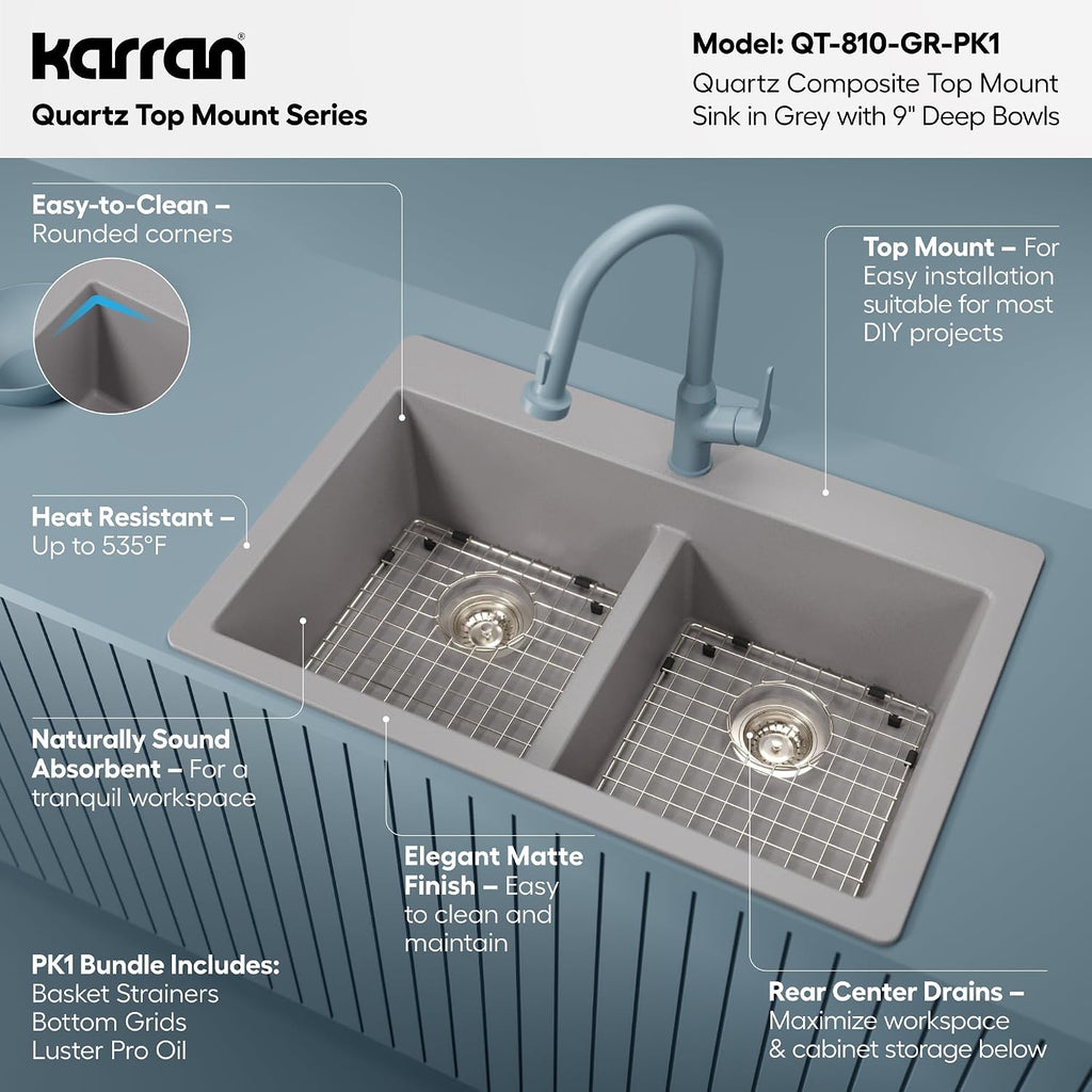Karran QT-810 33' Top Mount Double Equal Bowl Quartz Kitchen Sink Kit in Grey