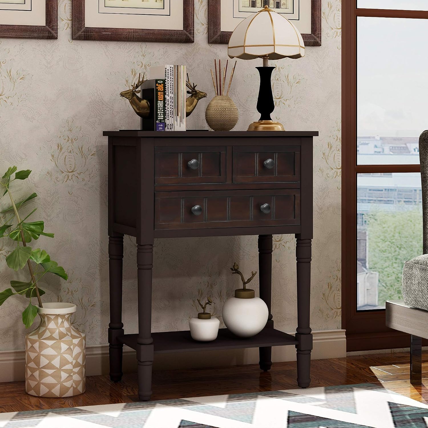 P PURLOVE Narrow Console Table, Farmhouse Entryway Table Slim Sofa Table with Three Storage Drawers and Bottom Shelf, Wood Entry Table for Living Room,Easy Assembly,Espresso