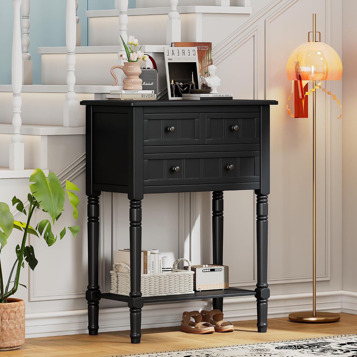 P PURLOVE Antique Narrow Console Table,Slim Sofa Entry Table with 3 Storage Drawer for Living Room,Entryway