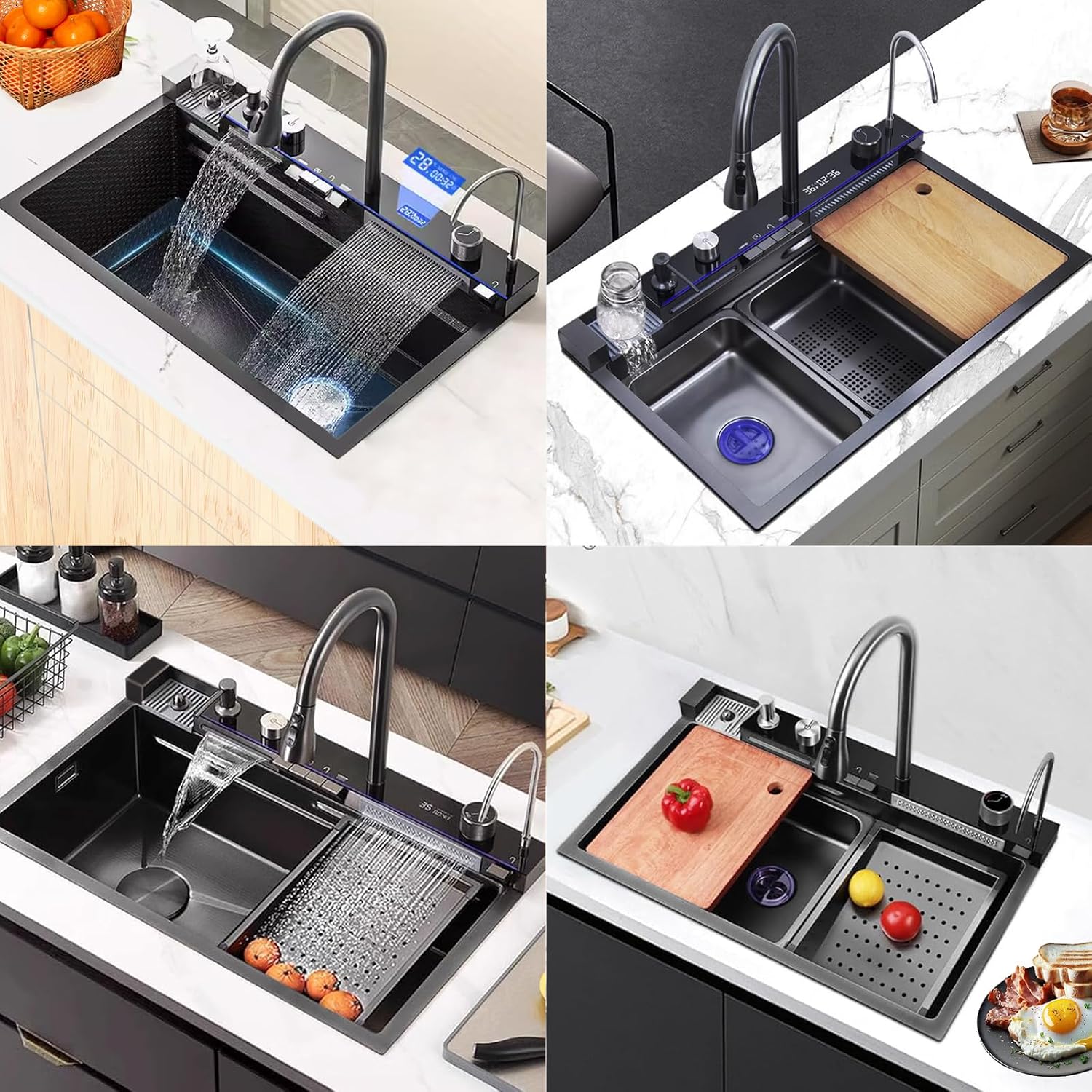 Sinks Undermount or Countertop Single Bowl Stainless Steel Kitchen Sink with Drain basket, cutting board, vegetable sink, multi-function pull-out faucet set (Black, 26.7x18x9 Inch)