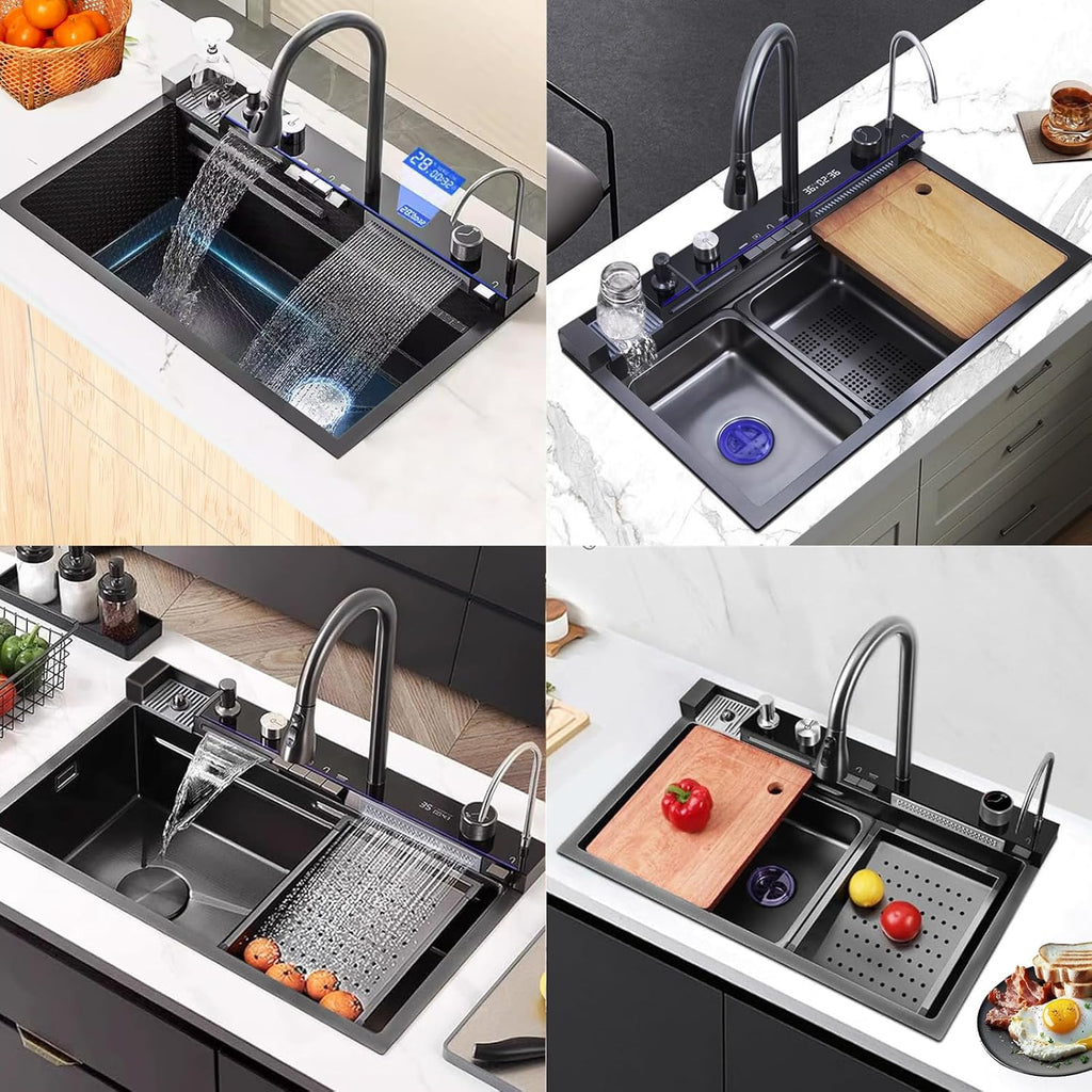 Sinks Undermount or Countertop Single Bowl Stainless Steel Kitchen Sink with Drain basket, cutting board, vegetable sink, multi-function pull-out faucet set (Black, 29.5x18x9 Inch)