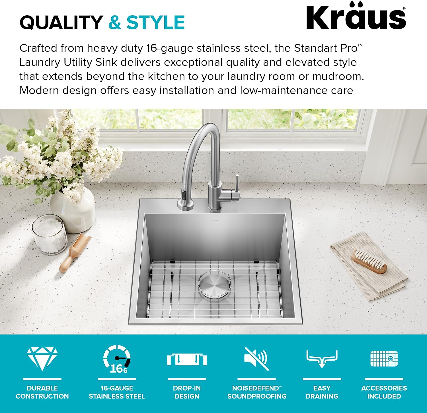 KRAUS Standart PRO 22-inch Drop-In Top Mount 16 Gauge Stainless Steel Single Bowl Laundry Utility Sink, KHT301-22L