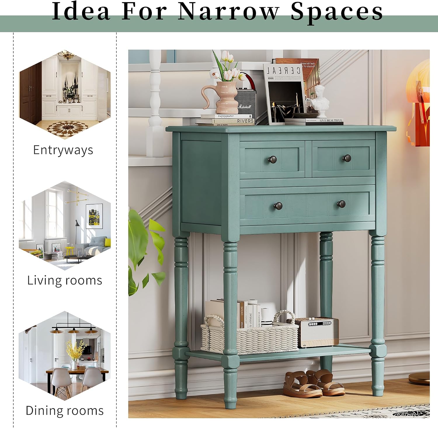 P PURLOVE Antique Narrow Console Table,Slim Sofa Entry Table with 3 Storage Drawer for Living Room,Entryway