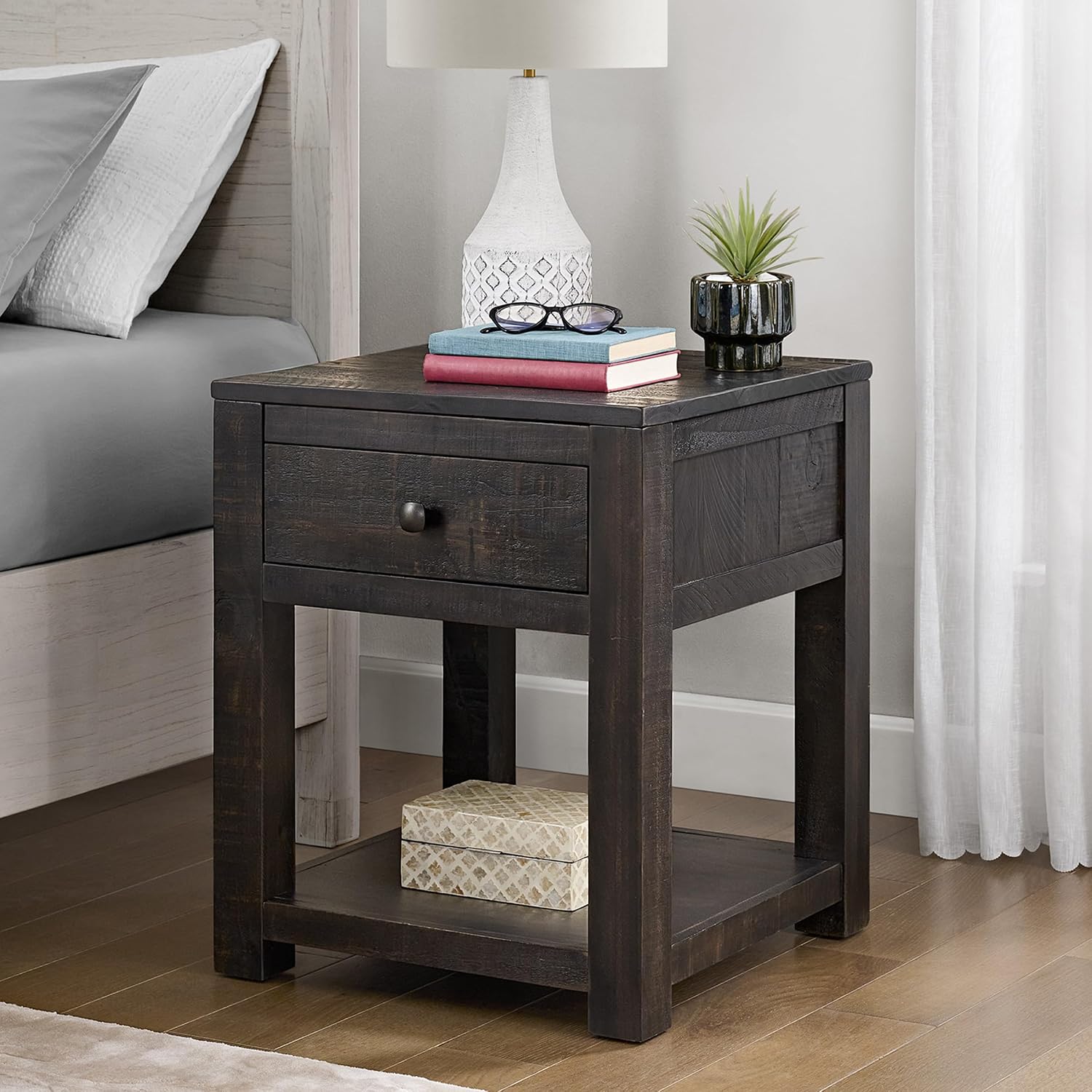 Durham Living Room Side Table - 20-Inch End Table with Storage Drawer and Shelf - Solid Wood Night Stand for Living Room or Bedroom - Mid Century Modern Furniture by Alaterre Furniture (Dark Brown)