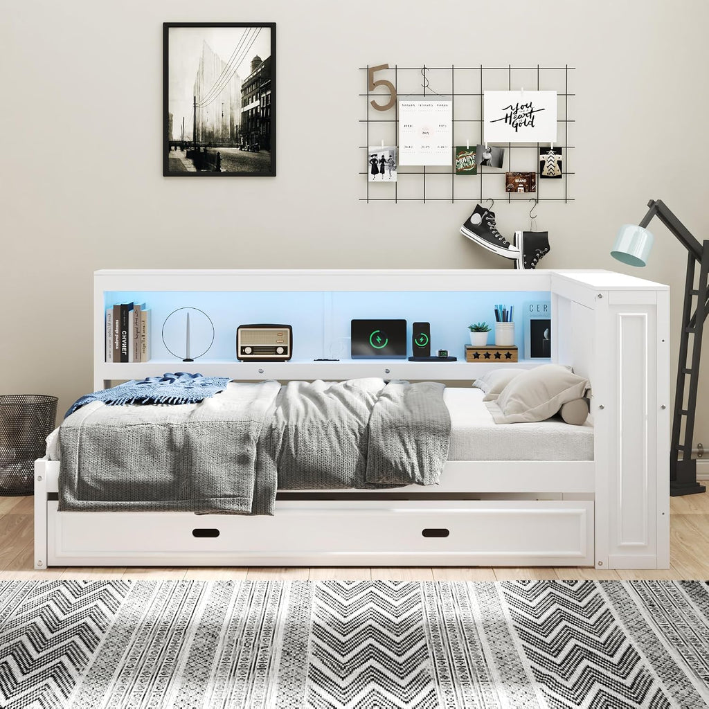 Merax Full Size Wood Daybed with Twin Trundle, L Shaped Wooden Corner Bed Frame with Storage Shelves, USB, Built-in Charging Station, No Box Spring Needed