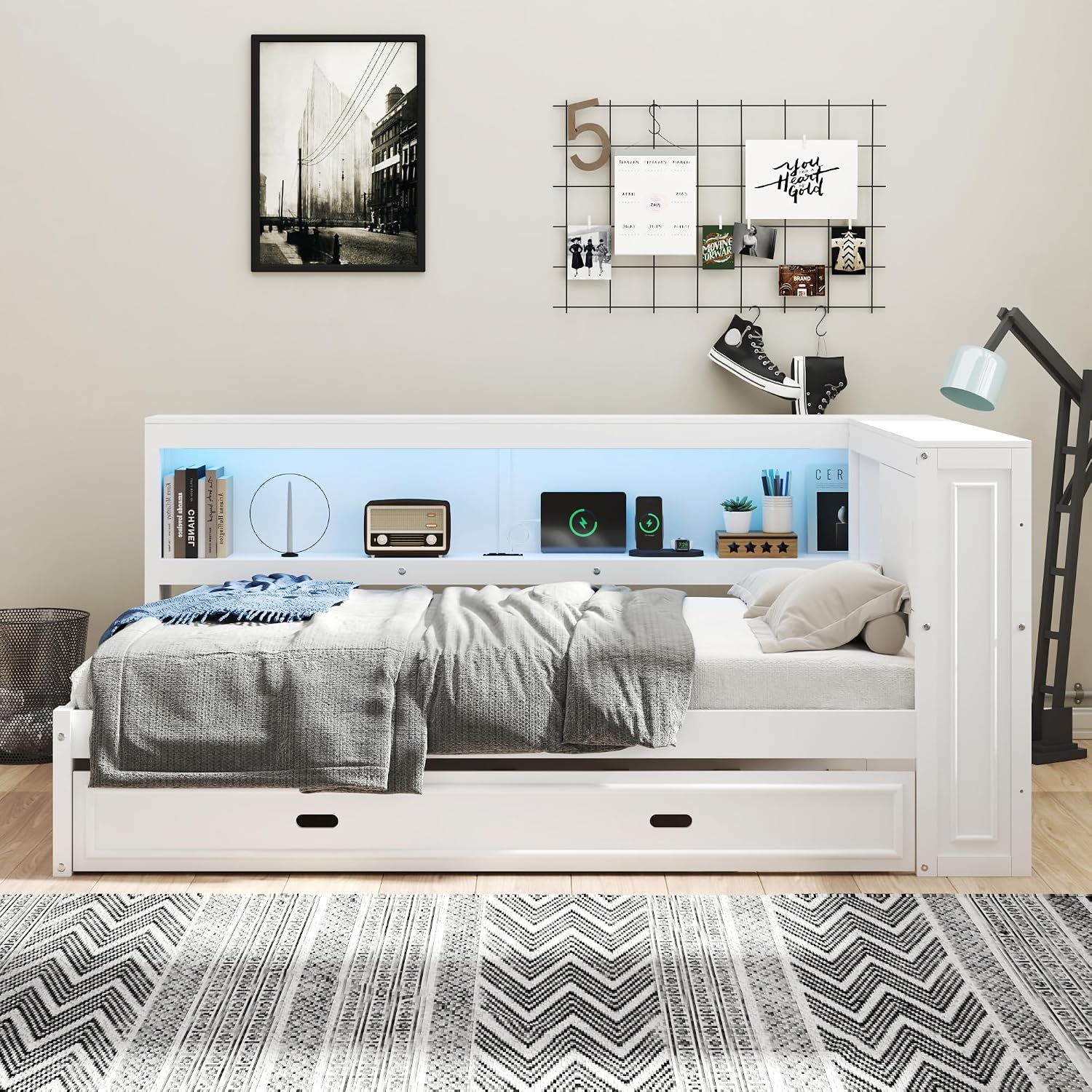 Merax Full Size Wood Daybed with Twin Trundle, L Shaped Wooden Corner Bed Frame with Storage Shelves, USB, Built-in Charging Station, No Box Spring Needed