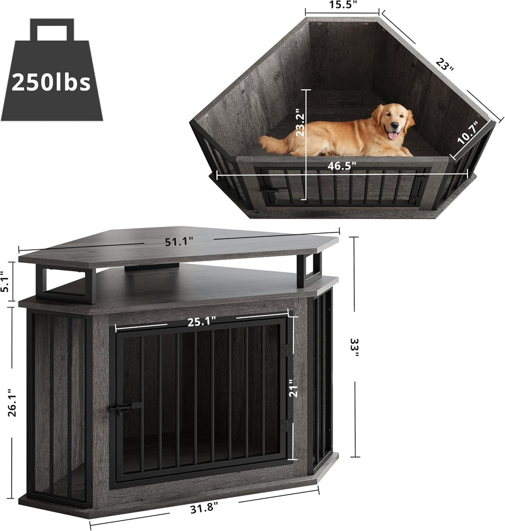 IRONCK Corner Dog Crate Furniture with 2-Tier Shelves – Wooden Pet Kennel for Large Dogs, Space-Saving TV Stand, Rustic Brown (26.7' L x 51.2' W x 33.5' H)