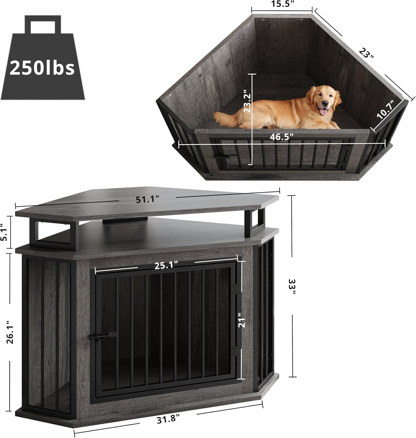 IRONCK Corner Dog Crate Furniture with 2-Tier Shelves – Wooden Pet Kennel for Large Dogs, Space-Saving TV Stand, Rustic Brown (26.7' L x 51.2' W x 33.5' H)