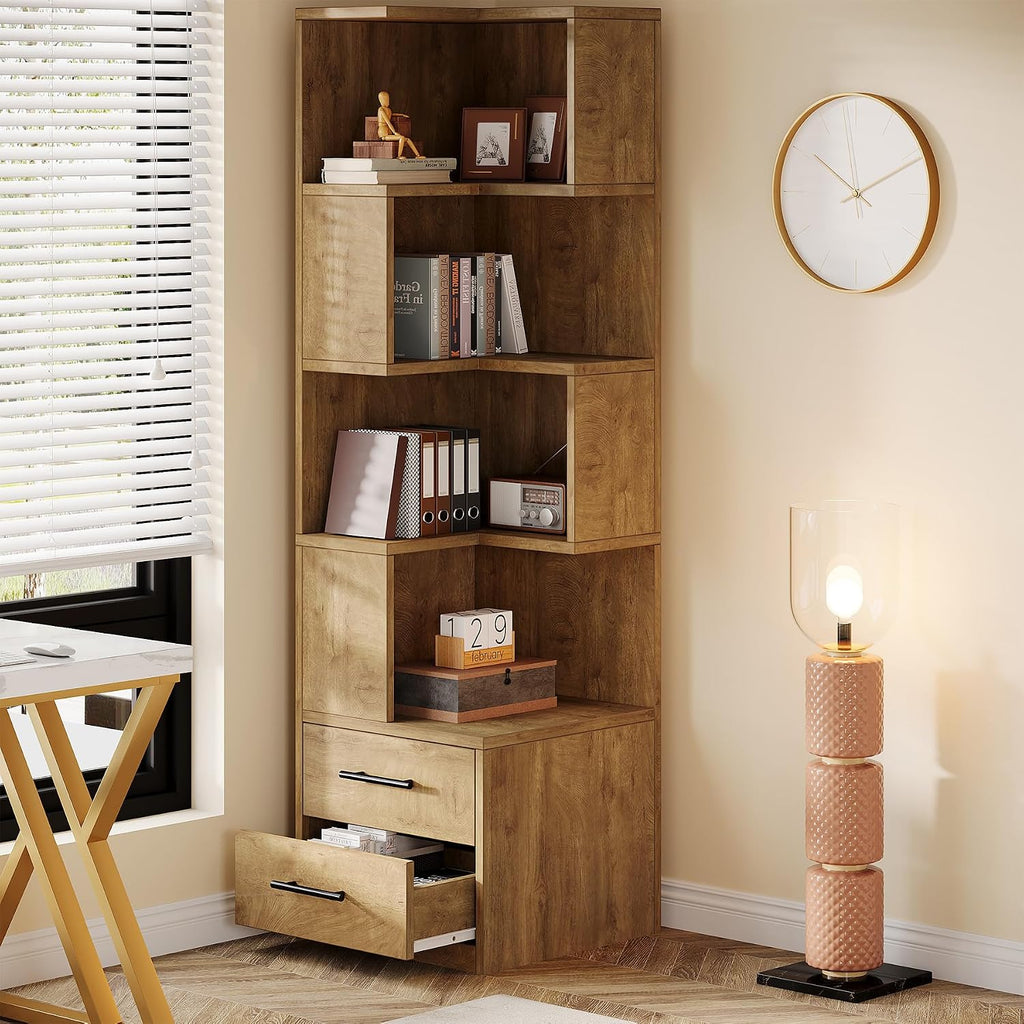 Tribesigns 5-Tier Corner Bookshelf with 2 Drawers, 66.9-Inch Tall Corner Bookcase Shelf, Modern Simple Corner Storage Cabinet Display Rack Shelf for Living Room, Home Office (Natural Brown)