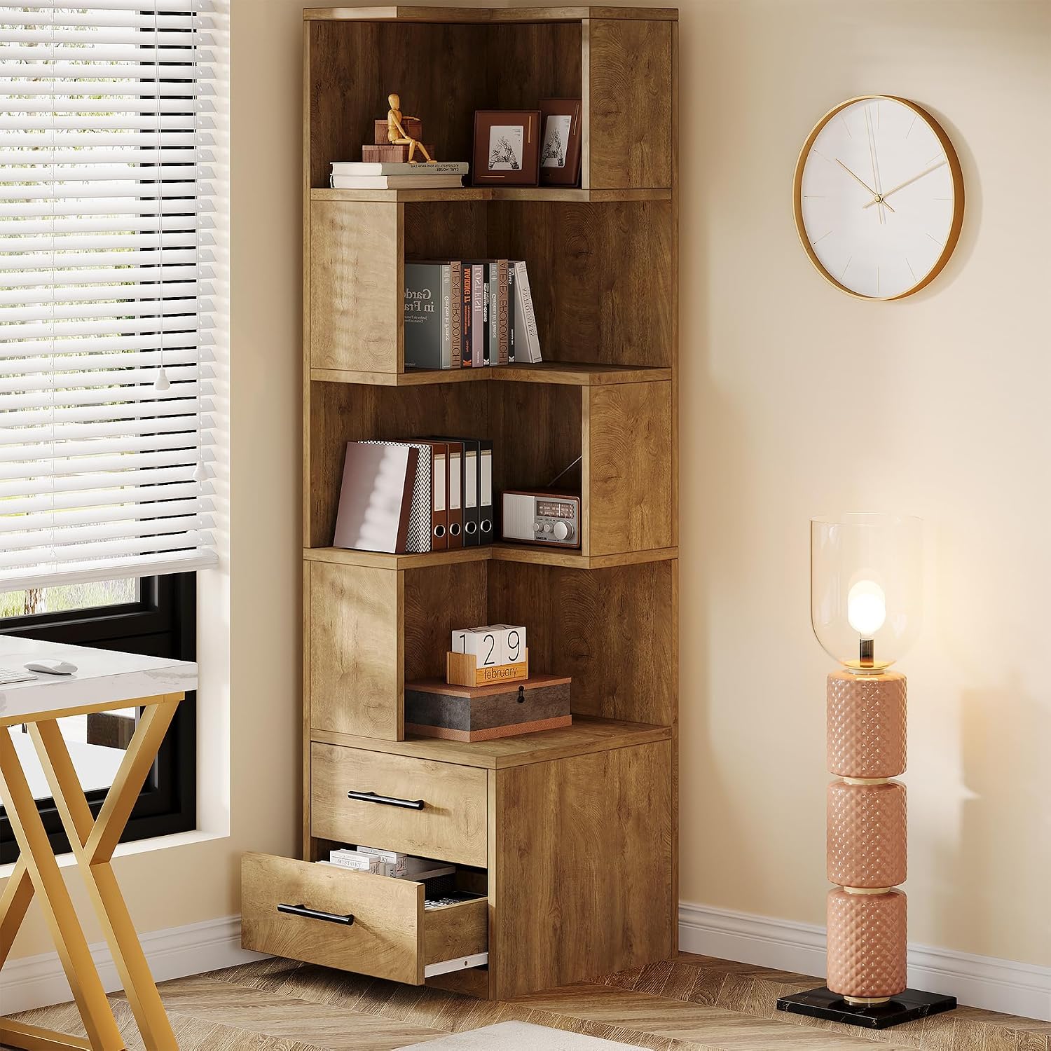 Tribesigns 5-Tier Corner Bookshelf with 2 Drawers, 66.9-Inch Tall Corner Bookcase Shelf, Modern Simple Corner Storage Cabinet Display Rack Shelf for Living Room, Home Office (Natural Brown)