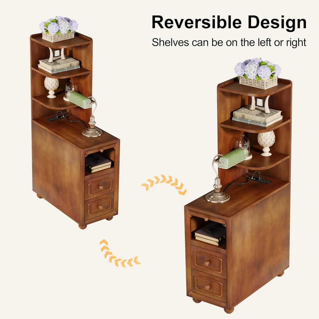 Solid Wood End Table with Charging Station and Reversible Corner Shelves, Tall Narrow Side Table with Drawers, USB Ports and Outlets for Living Room and Bedroom, Walnut