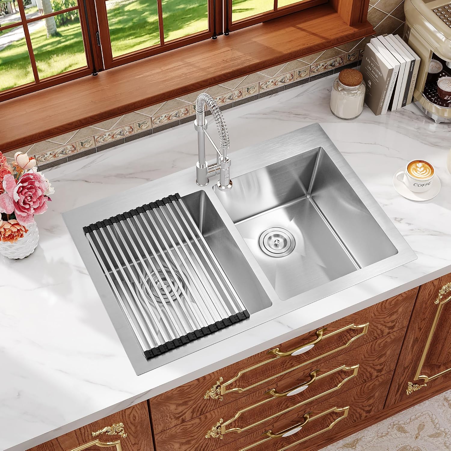 Rhbamoa Double Bowl Drop In Kitchen Sink 33x22,16-Gauge T304 Stainless Steel Topmount Kitchen Sink,50/50 Double Bowl Kitchen Sinks,Deep Sinks with All Accessories, Brushed Finish