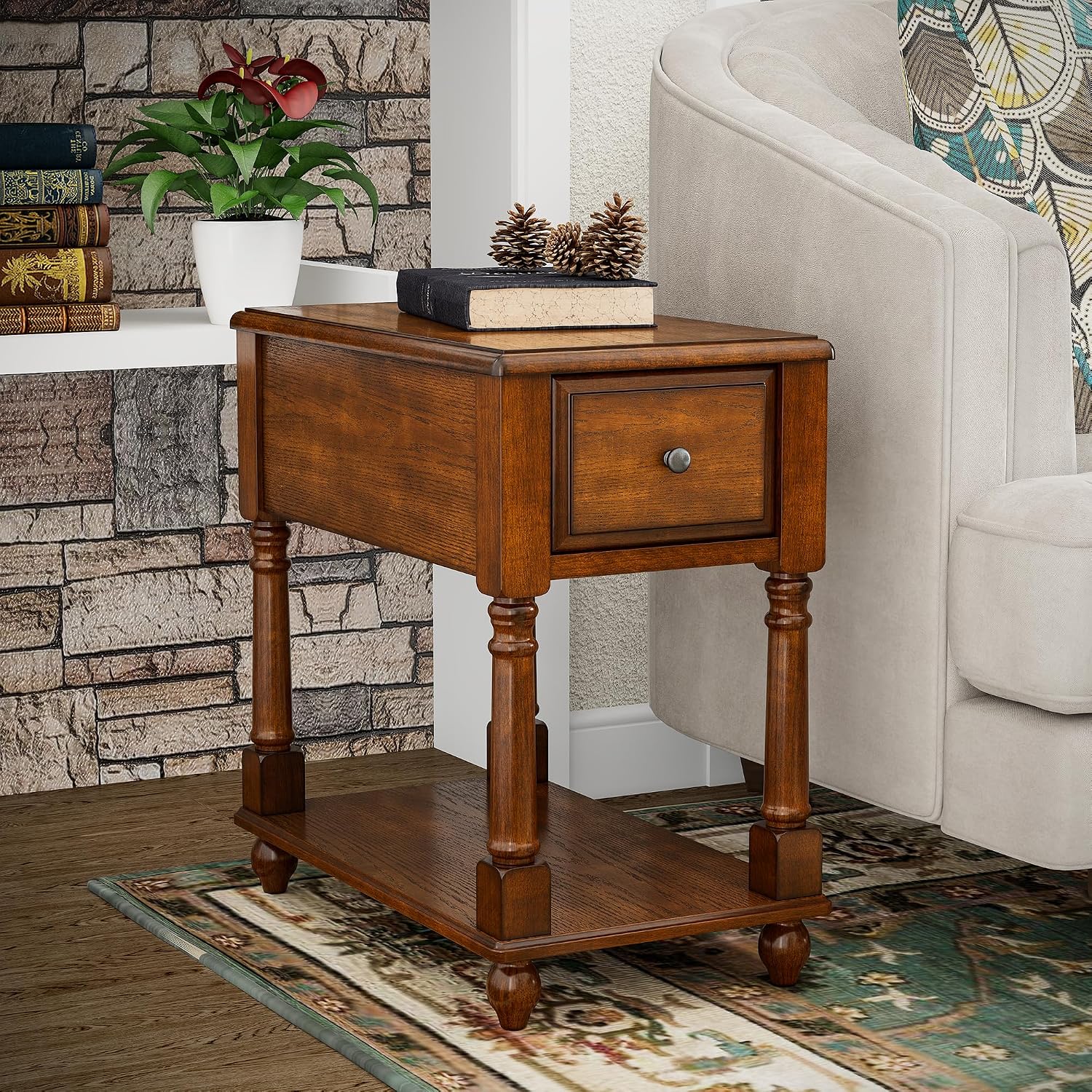 Set of 2 Narrow End Table with Drawer and Shelf, Solid Wood Sofa Side Tables 2-Tier Skinny Table with Storage Slim Bedside Table for Small Space Living Room-Cherry Brown 004DR