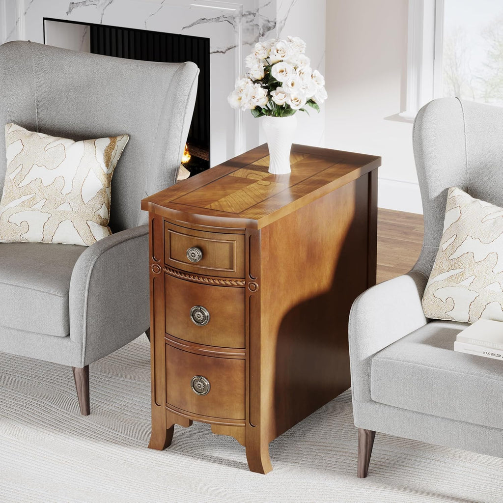 Farmhouse Solid Wood End Table, 3-Drawer Narrow Side Table Slim Chair Table for Living Room, Sofa Table with Drawers, Small Nightstand for Bedroom, No Assembly Required, Brown