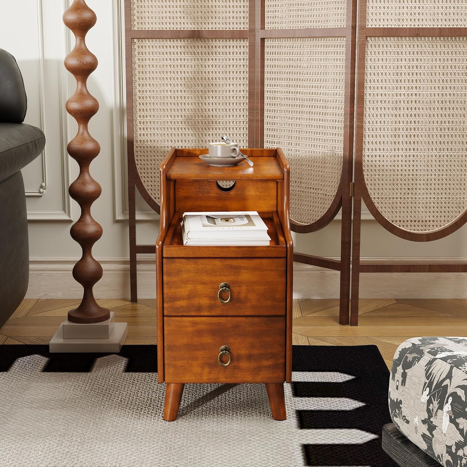 Narrow End Side Table with 2 Drawers and Pull-Out Tray, No-Tools Assembly Sofa Beside Table for Living Room, Slim Side Table with Solid Wood Legs, 11.8'W x 21.6'L x 22.9'H Caramel Brown BG-A1359-MG