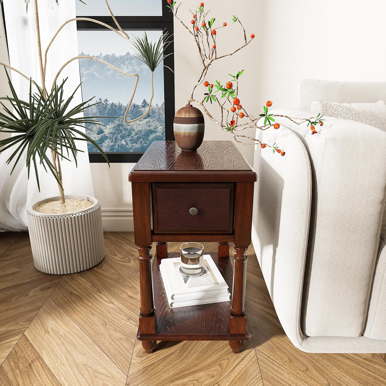 Narrow End Table with Drawer and Storage Shelf, Solid Wood Sofa Side Tables for Living Room, Slim Beside Table-, Vintage Telephone Tabless for Small Spaces, No-Tools Assembly Vintage Walnut BBJ004DWA