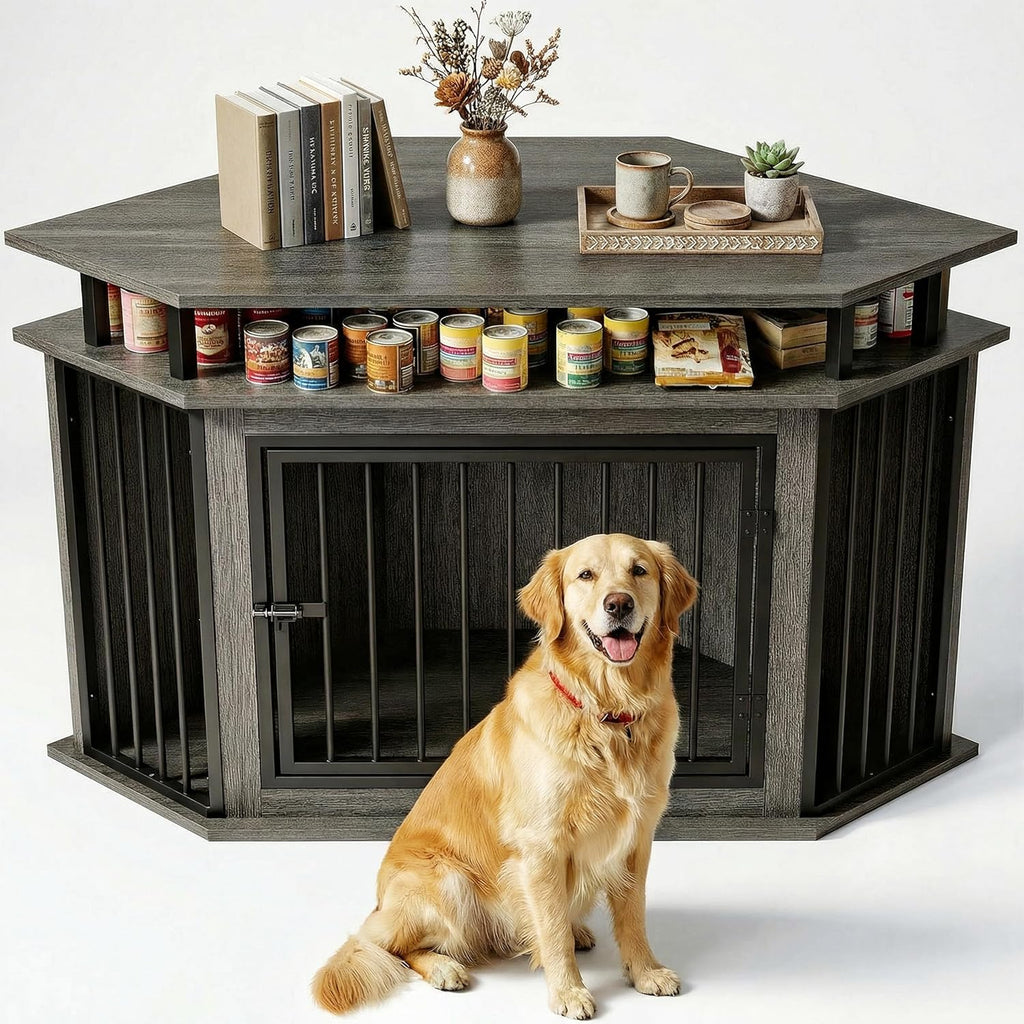 IRONCK Corner Dog Crate Furniture with 2-Tier Shelves – Wooden Pet Kennel for Large Dogs, Space-Saving TV Stand, Rustic Brown (26.7' L x 51.2' W x 33.5' H)