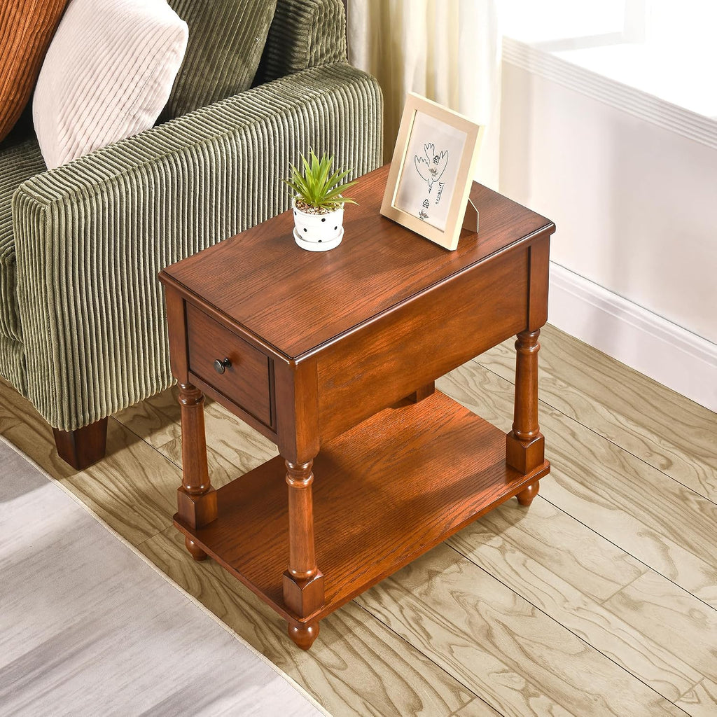 Narrow End Table with Drawer and Shelf, Solid Wood Sofa Side Table 2-Tier Skinny Table with Storage Slim Bedside Table for Small Spaces Living Room-Cherry Brown BBJ-004-DR