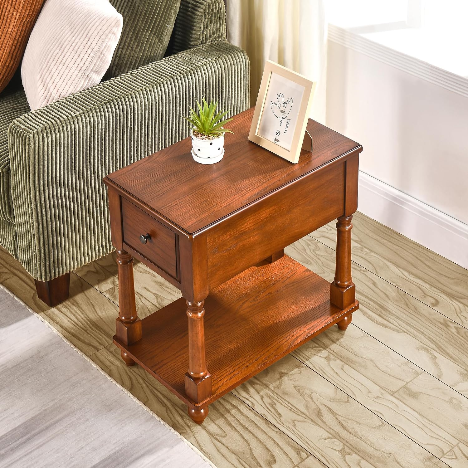 Narrow End Table with Drawer and Shelf, Solid Wood Sofa Side Table 2-Tier Skinny Table with Storage Slim Bedside Table for Small Spaces Living Room-Cherry Brown BBJ-004-DR