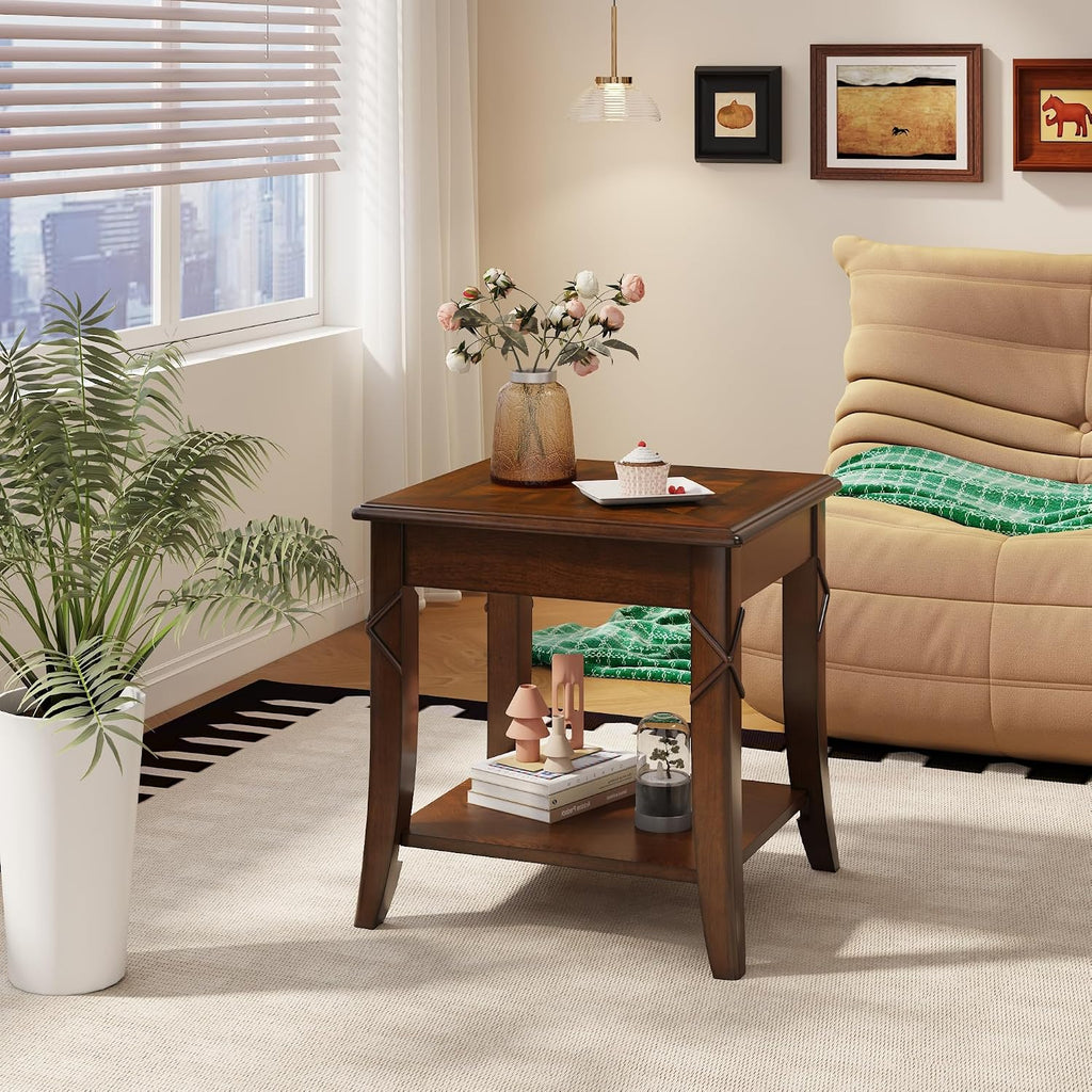 Solid Wood Side Table with Storage Shelf, Cherry Wood End Tables Living Room, Traditional Style End Table, Vintage Beside Table with Curved Legs for Apartment, Cherry Walnut Accent Table CJZ-DR200