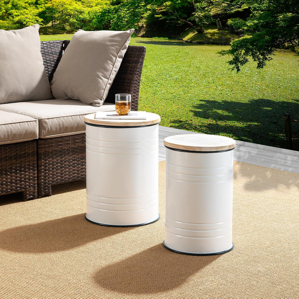 Glitzhome 4-Piece Galvanized Side Table Set, Metal Farmhouse Barrel Toy Box Bins with Round Wood Lid, Rustic Ottoman Seat Stool with Large Storage Space, for Living Room, Bedroom,White