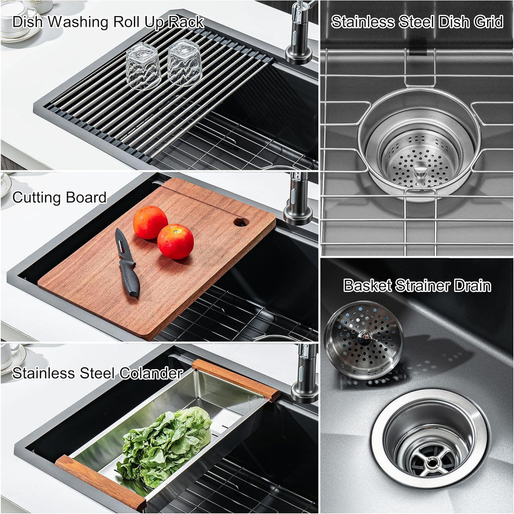 33 Inch Single Bowl Drop In Kitchen Sink, Stainless Steel Kitchen Sink Large Farmhouse Workstation Sinks with Faucet, Single Bowl Topmount Sink, Gunmetal Black