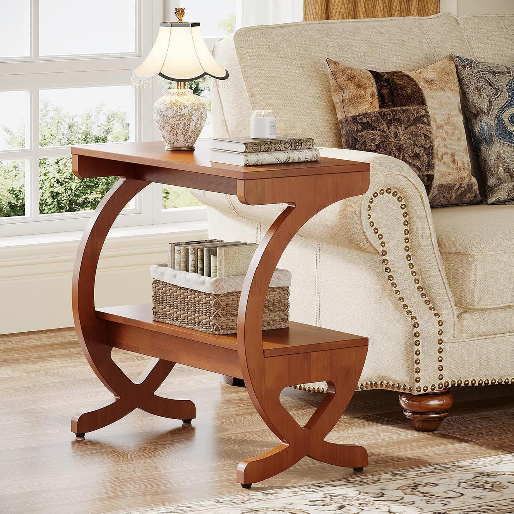 Tribesigns 2pcs Wood End Table, 2-Tier Modern Side Table with Storage Shelves and Curved Crossed Legs, Slim Nightstand for Living Room, Bedroom, Easy Assembly, Walnut Color (2)