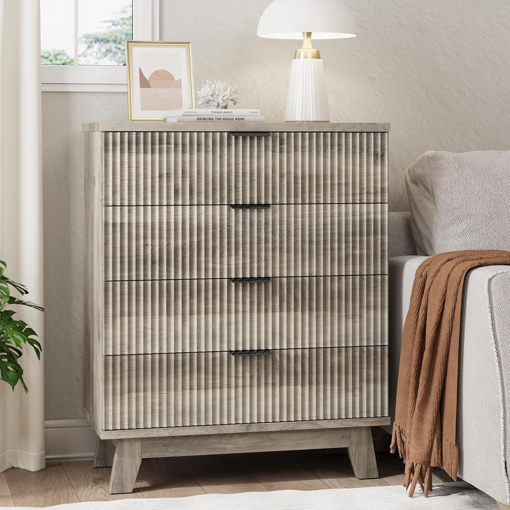 Fluted Nightstand, 31.5' Wide Side Table with 4 Large Storage Drawers, Mid Century Modern Wood Night Stand with Metal Handle, Wooden Bedside End Table for Bedroom, Living Room, Closet, Grey