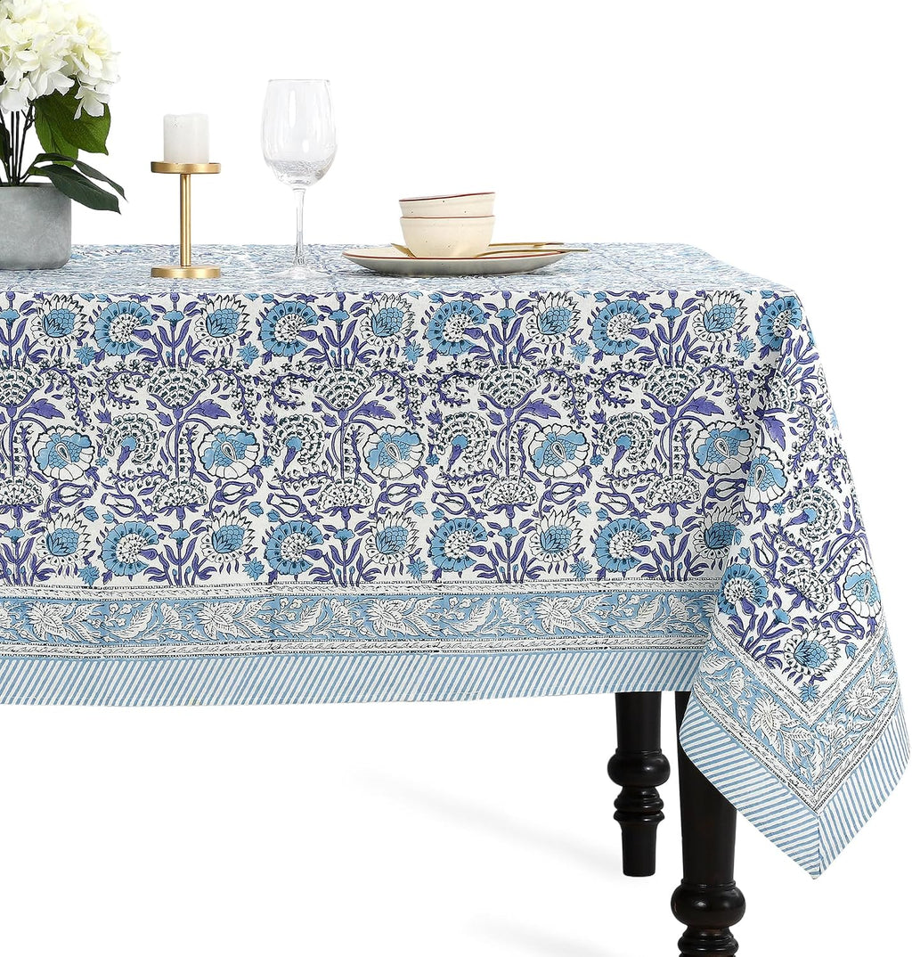 CPC Tablecloth 100% Cotton 72x190 Inch Indian Block Print Rectangle Table Cover, Blue Table Cloth for Weddings, Spring/Summer, Barbeque - Indigo Blue