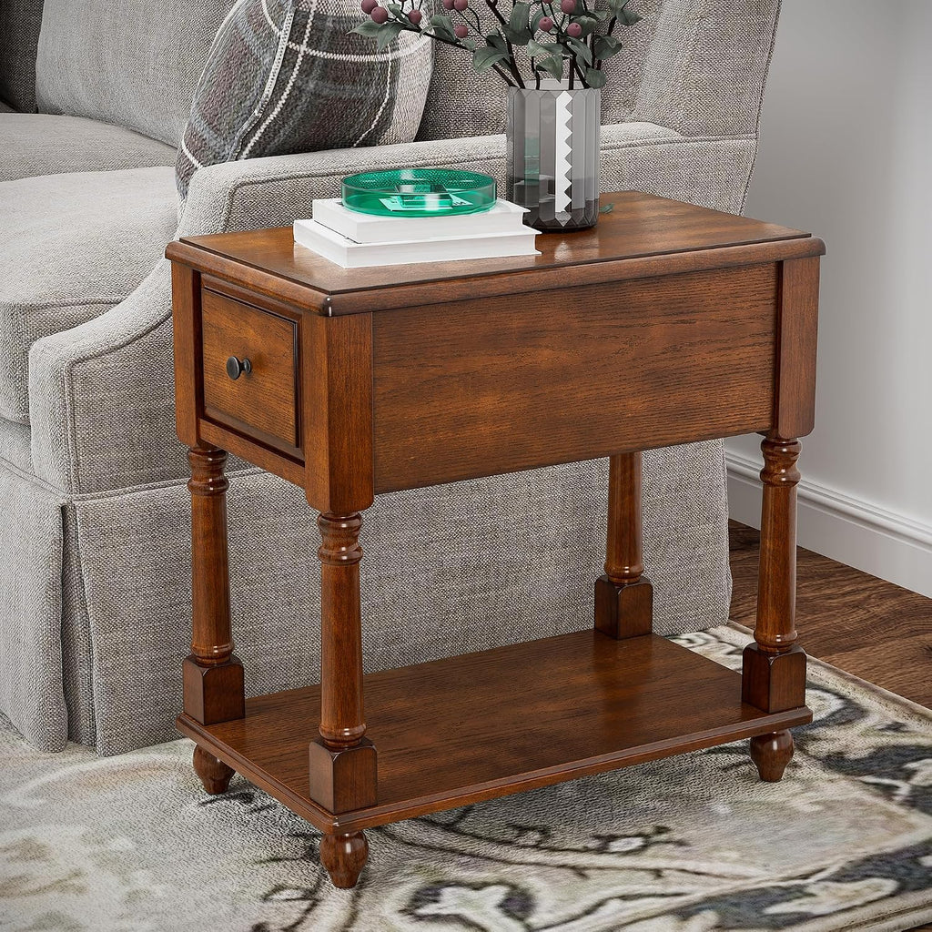Set of 2 Narrow End Table with Drawer and Shelf, Solid Wood Sofa Side Tables 2-Tier Skinny Table with Storage Slim Bedside Table for Small Space Living Room-Cherry Brown 004DR