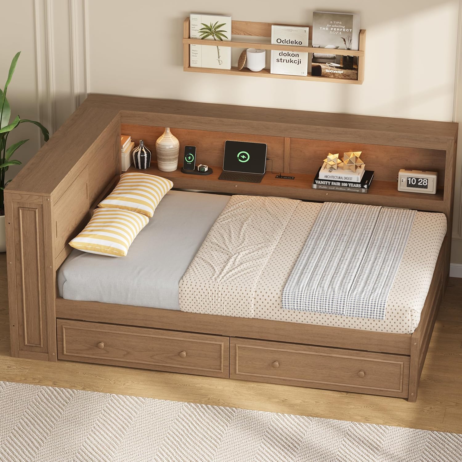 Merax Full Size Daybed Frame with 2 Drawers for Kids, Daybed Full Size with Storage Shelves and Headboard, Wood Corner Bed with USB Ports and LED for Living Room, Antique Wood