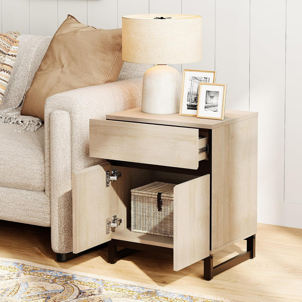 WAMPAT 2 Piece Modern End Table with 1 Drawer & 1 Storage Cabinet, Farmhouse Sofa Table, Wooden Rustic Side Sofa Table Metal Leg for Living Room, Nighstand for Bedroom, Light Oak