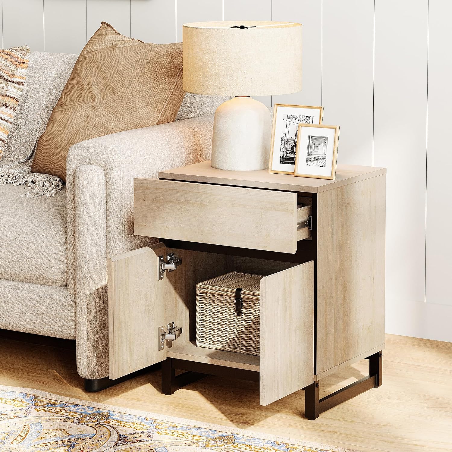 WAMPAT 2 Piece Modern End Table with 1 Drawer & 1 Storage Cabinet, Farmhouse Sofa Table, Wooden Rustic Side Sofa Table Metal Leg for Living Room, Nighstand for Bedroom, Light Oak