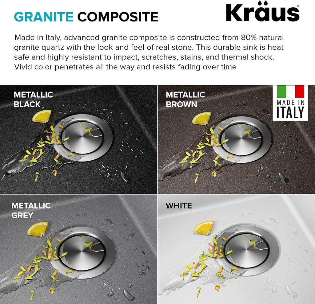 KRAUS Bellucci 18-inch Granite Workstation Drop In Top Mount Single Bowl Kitchen Sink in Metallic Black with Accessories, KGTW12-18MBL