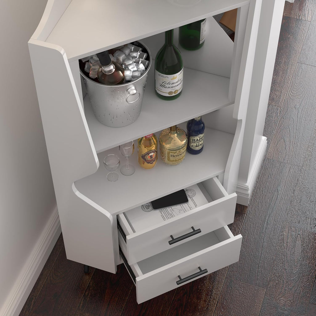 GDFStudio Wooden Corner Shelf Cabinet, Mirrored Back Coffee Bar Cabinets with Drawers & Open Storage, High Feet Corner Wine Rack Liquor Stand Kitchen Storage Cabinet for Living Room Dining Room, White