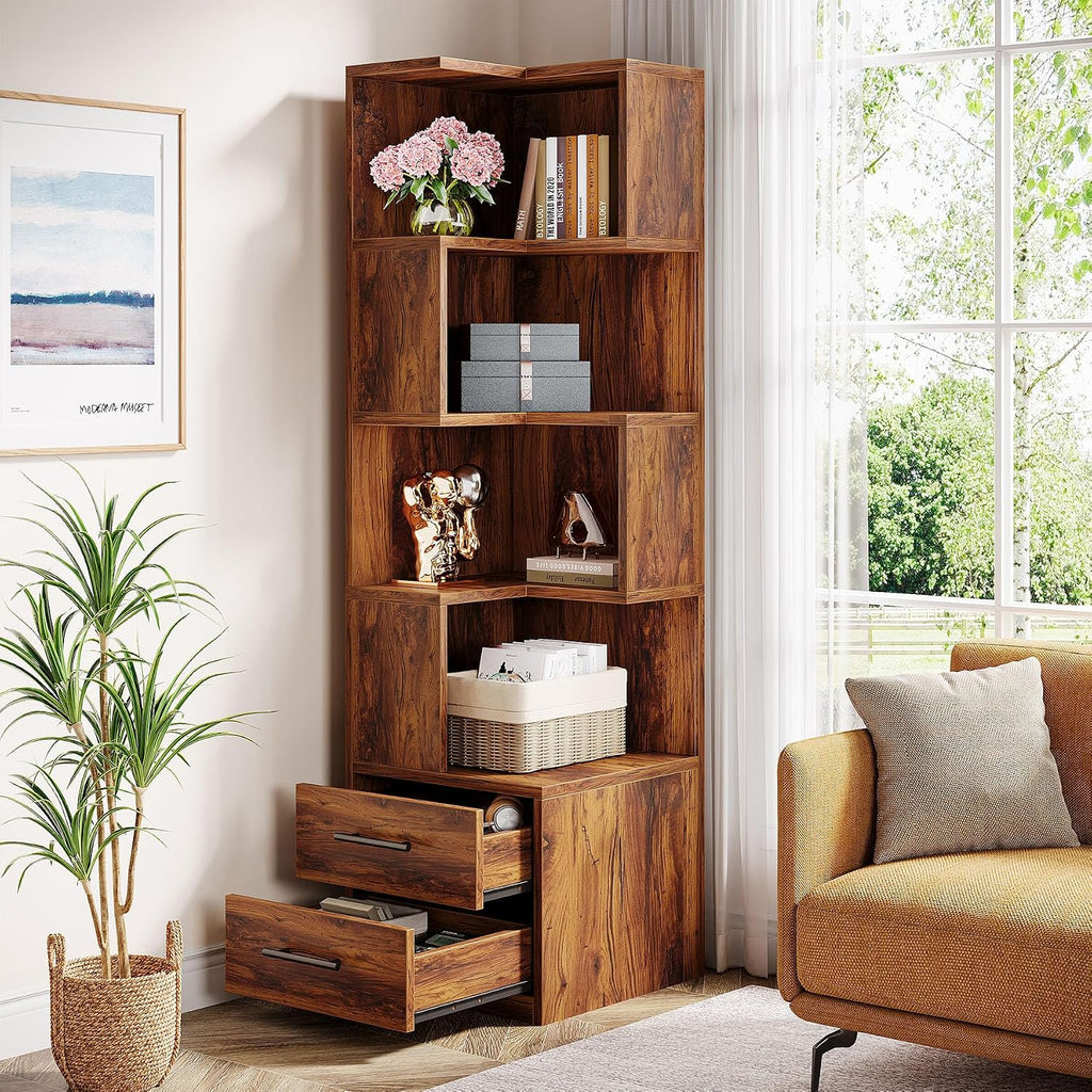 Tribesigns 5-Tier Corner Bookshelf with 2 Drawers, 66.9-Inch Tall Corner Bookcase Shelf, Mid-Century Modern Corner Storage Cabinet Display Rack Shelf for Living Room, Home Office (Rustic Brown)