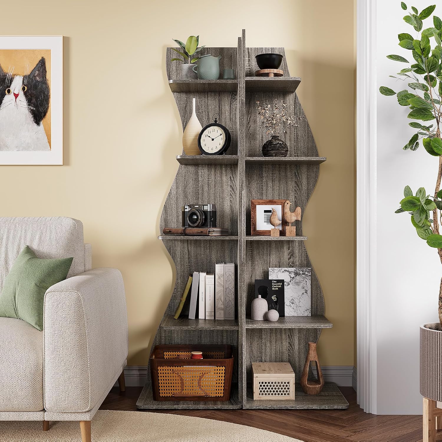 LITTLE TREE Small Corner Shelf, Modern 5-Tier Wall Corner Bookshelf, Stylish Bookcase Storage Rack for Small Space, Living Room, Bedroom