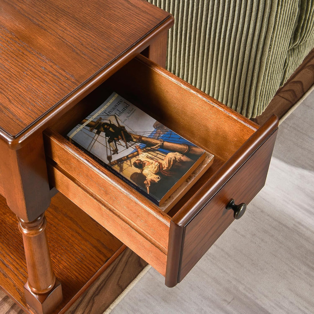 Narrow End Table with Drawer and Shelf, Solid Wood Sofa Side Table 2-Tier Skinny Table with Storage Slim Bedside Table for Small Spaces Living Room-Cherry Brown BBJ-004-DR