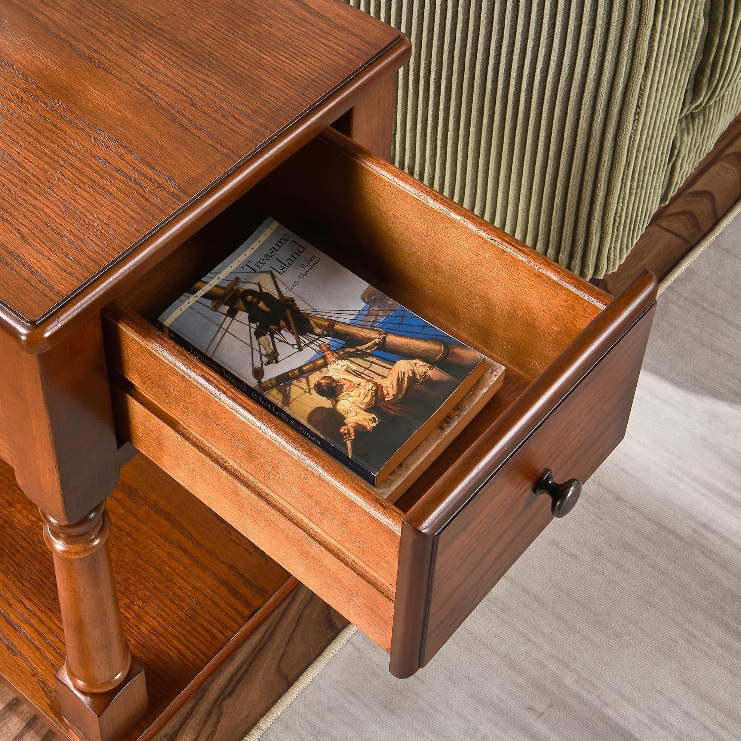 Narrow End Table with Drawer and Shelf, Solid Wood Sofa Side Table 2-Tier Skinny Table with Storage Slim Bedside Table for Small Spaces Living Room-Cherry Brown BBJ-004-DR
