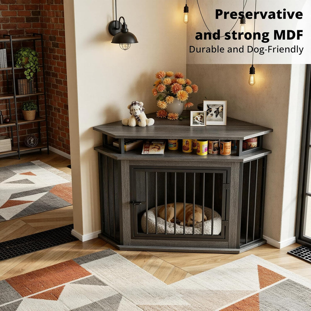 IRONCK 43.3' Corner Dog Crate with 2-Tier Shelves, Wooden Dog Kennel Furniture for TV Stand, Dog Cage Indoor for Small and Medium Dogs, Gray (23.6' L x 43.3' W x 32' H)
