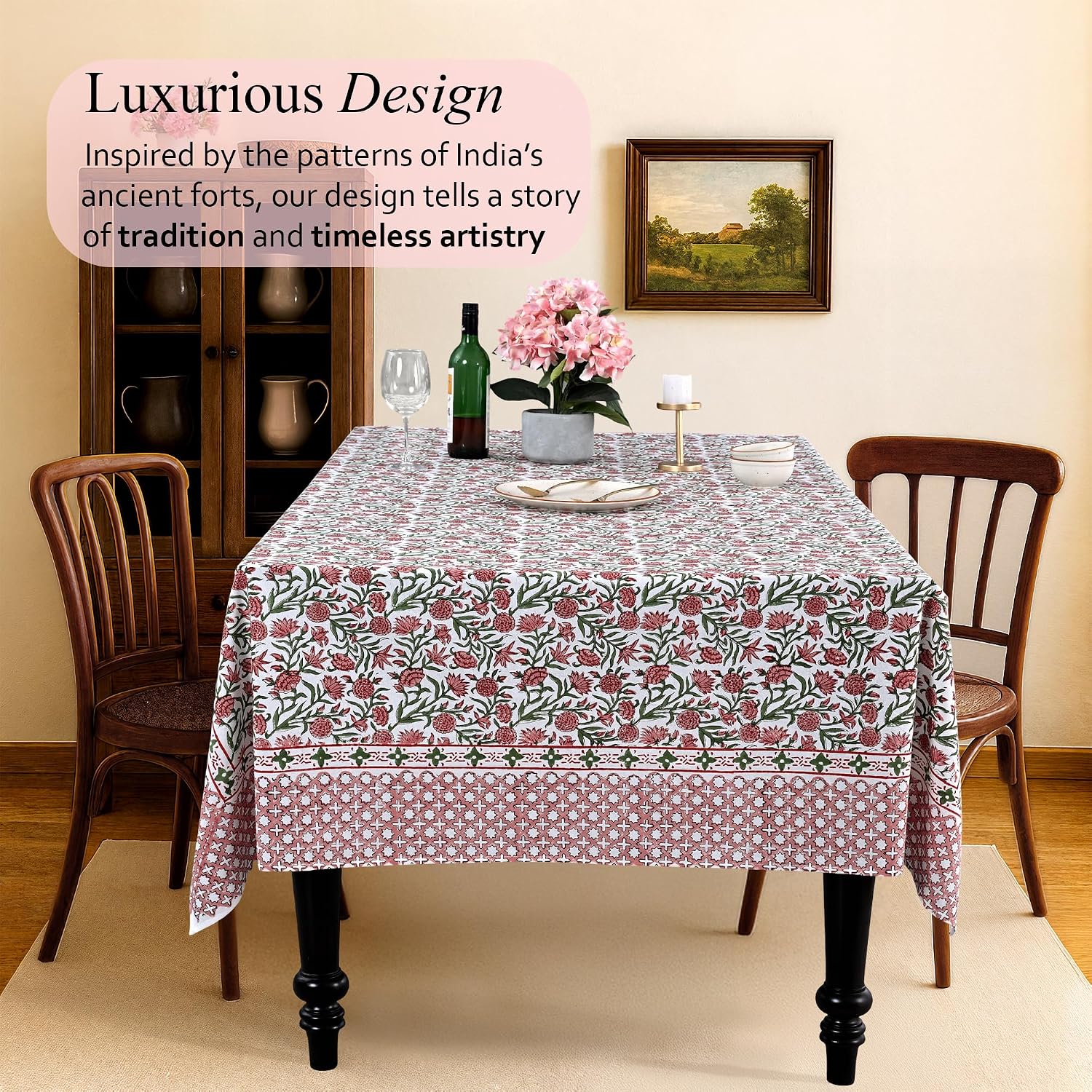 CPC Tablecloth 100% Cotton 72x140 Inch Indian Block Print Rectangle Table Cover, Red Table Cloth for Weddings, Spring/Summer, Barbeque - Red Garnet