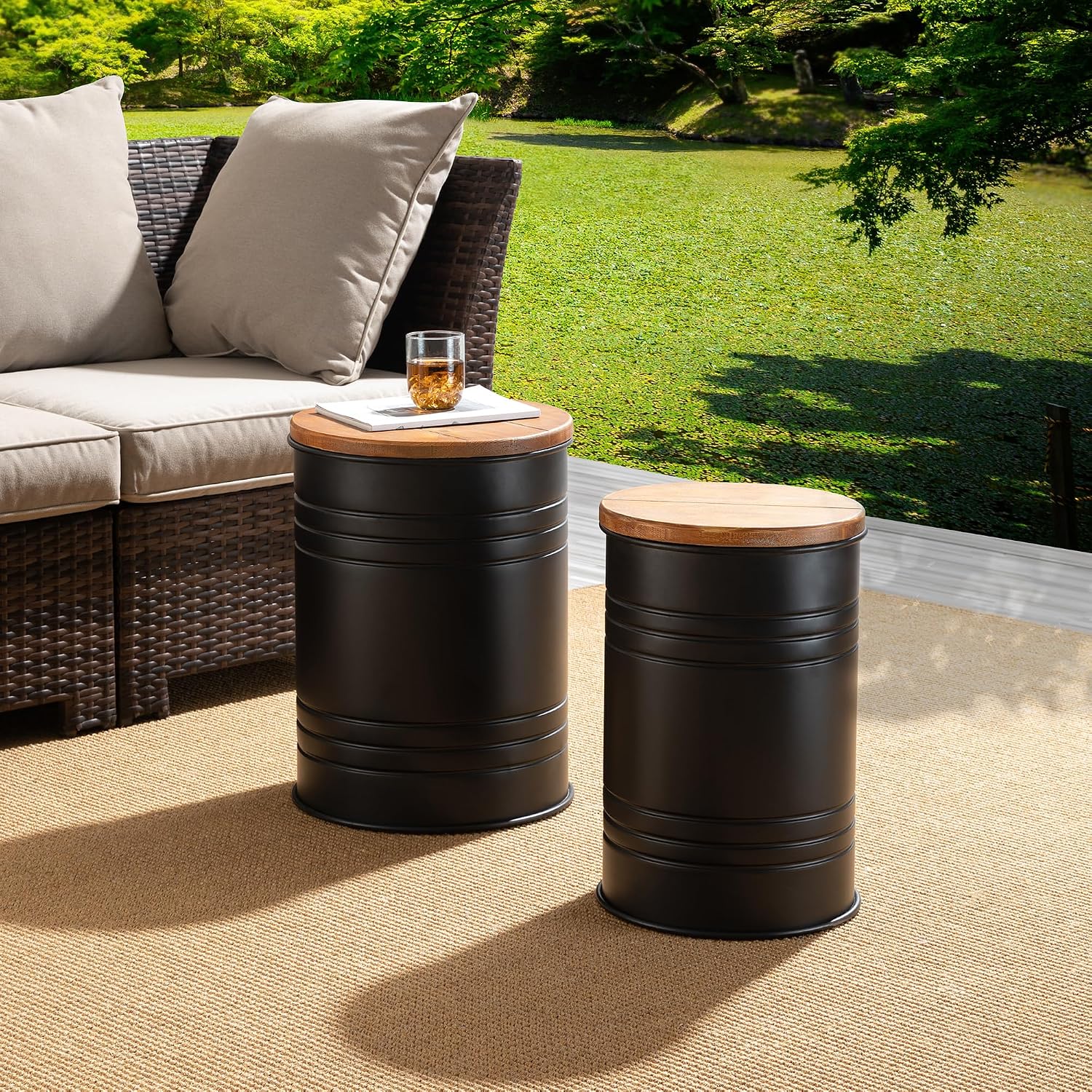 Glitzhome 4-Piece Galvanized Side Table Set, Metal Farmhouse Barrel Toy Box Bins with Round Wood Lid, Rustic Ottoman Seat Stool with Large Storage Space, for Living Room, Bedroom,Black