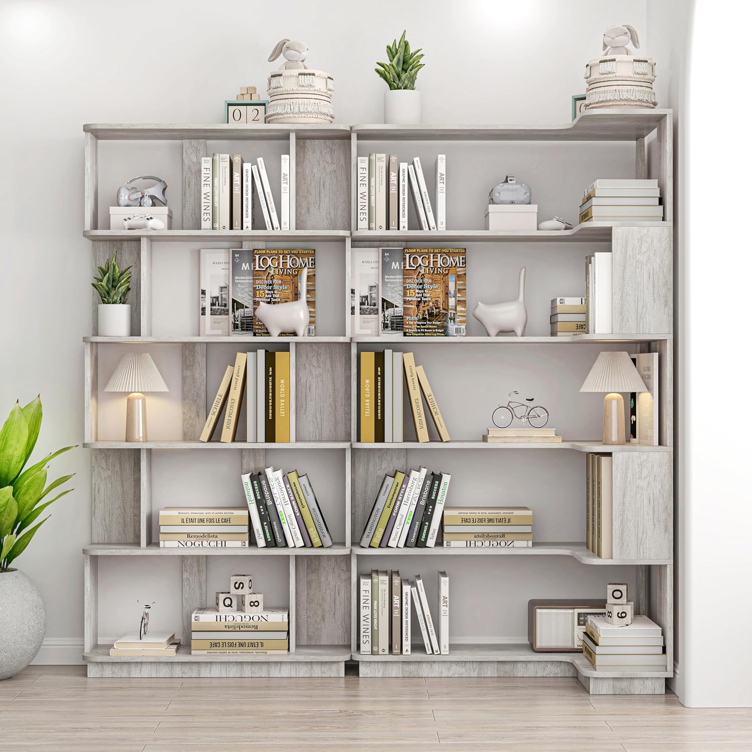 Corner Bookshelf, L Shaped, Set of 2, Light Grey | Modular Geometric Design, Large Storage Display, Freestanding Wooden Unit, For Living Room Home Office