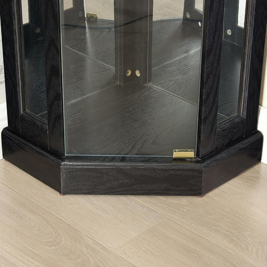 69' H Lighted Corner Curio Cabinet, 5-Tier Curio Glass Display Cabinet w/ 2 Door & Adjustable Glass Shelves, Wooden Display Showcase Corner Storage Cabinet for Living Room (Black)