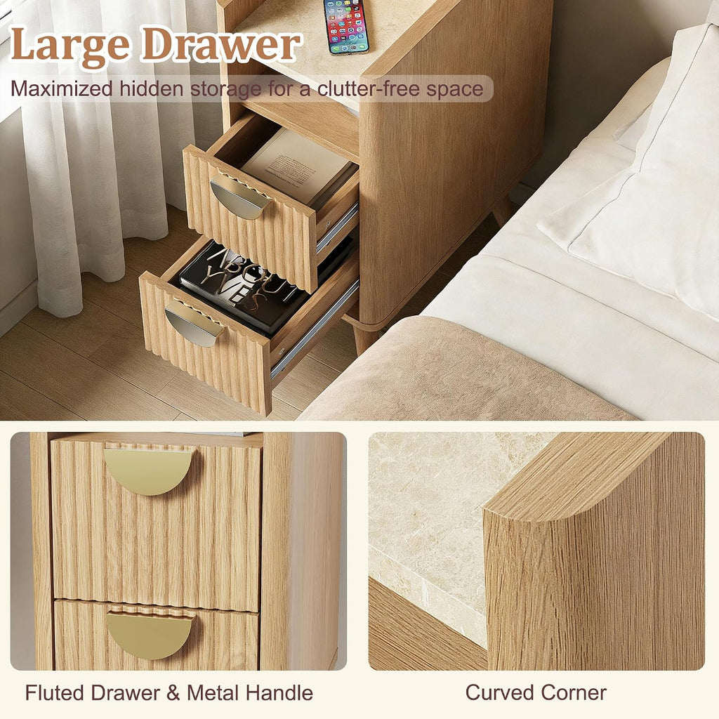 26.4' Tall Narrow Nightstand Set of 2, 9.8' Wide Fluted End Table with 2 Drawer & Open Shelf, Wood Night Stand w/Rounded Corner, Slim Side Table for Bedroom/Entryway/Living Room, Natural