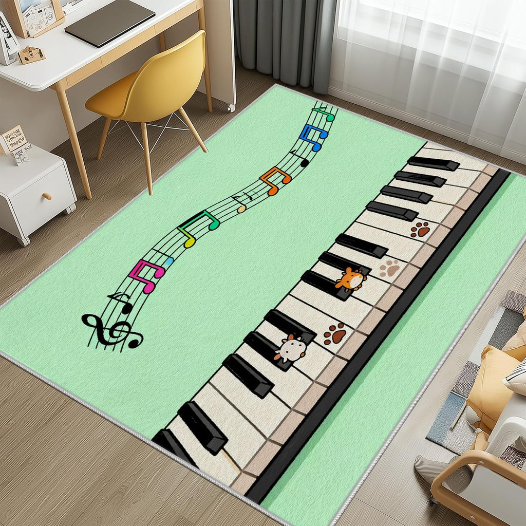 Music Note Rug for Boys Girls 4x6, Piano Keys Sheet Music Area Rug for Playroom Classroom Nursery Preschool Daycare Room Decor, Cute Animal Paw Print Carpet Non-Slip and Washable