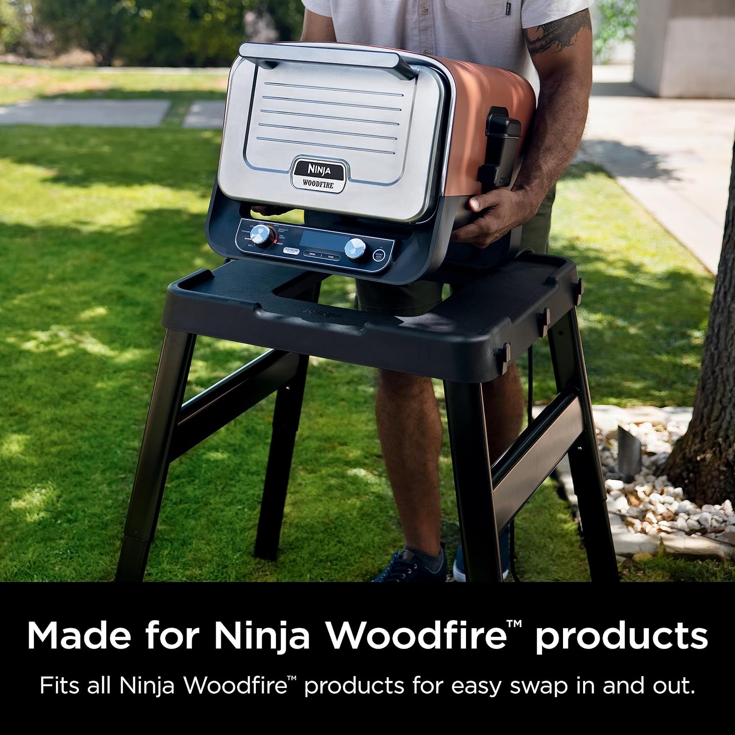 Ninja XSKUNSTAND Outdoor Stand, Woodfire Products, Adjustable Height, Utensil-Holder, Side Table-Compatible, Weather-Resistant, Black, 26' x 34' x 34