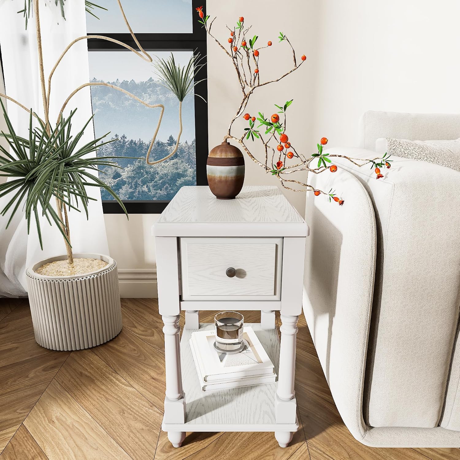 Narrow End Table with Drawer and Open Storage Shelf, Solid Wood Sofa Side Table for Living Room, Beside Table,Telephone Table for Small Spaces,No-Tools Assembly Vintage White BBJ004RW