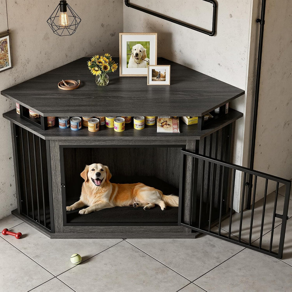 IRONCK Corner Dog Crate Furniture with 2-Tier Shelves – Wooden Pet Kennel for Large Dogs, Space-Saving TV Stand, Rustic Brown (26.7' L x 51.2' W x 33.5' H)
